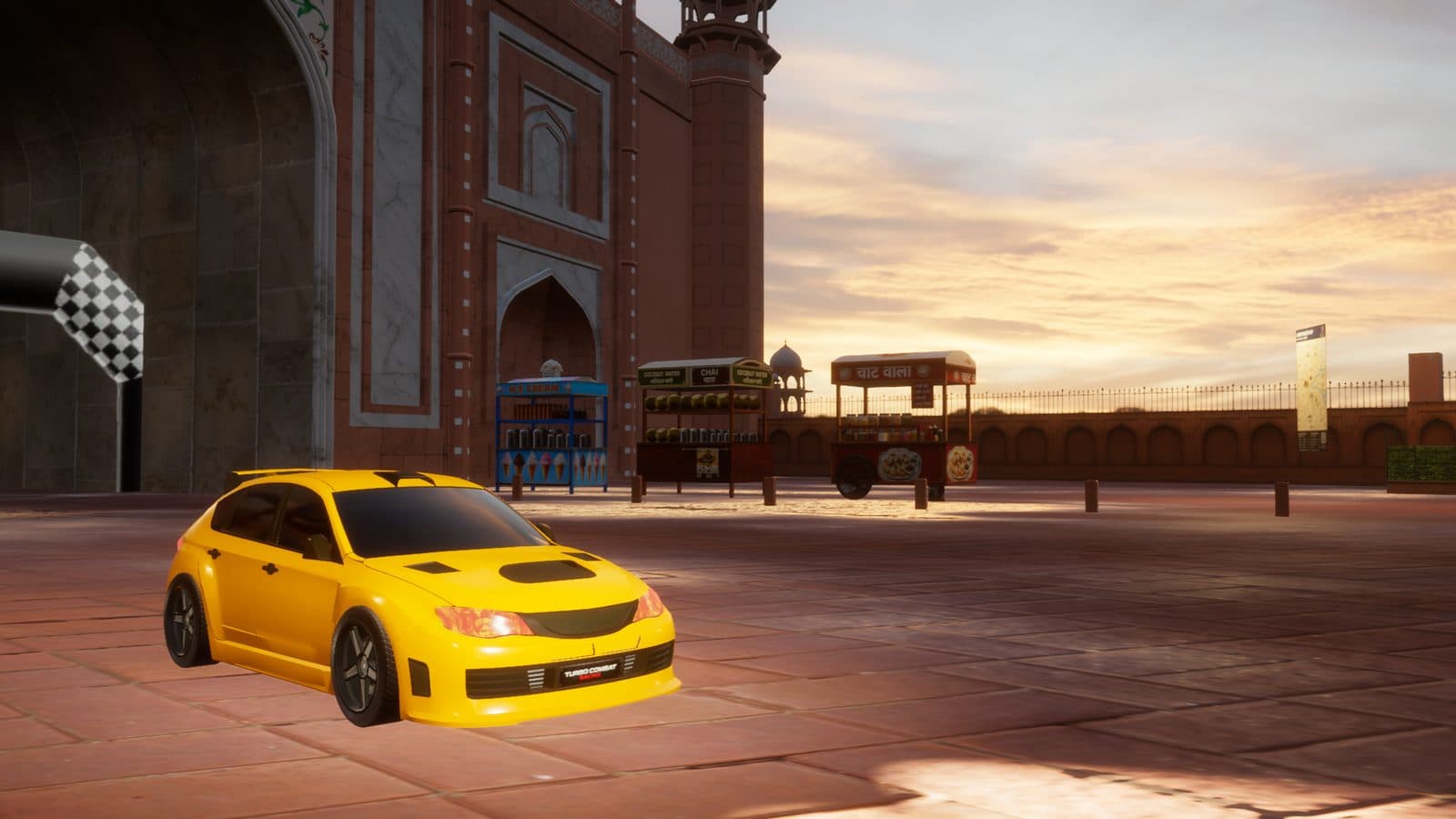 Yellow hatchback at the start line of the Taj Mahal Circuit at sunset