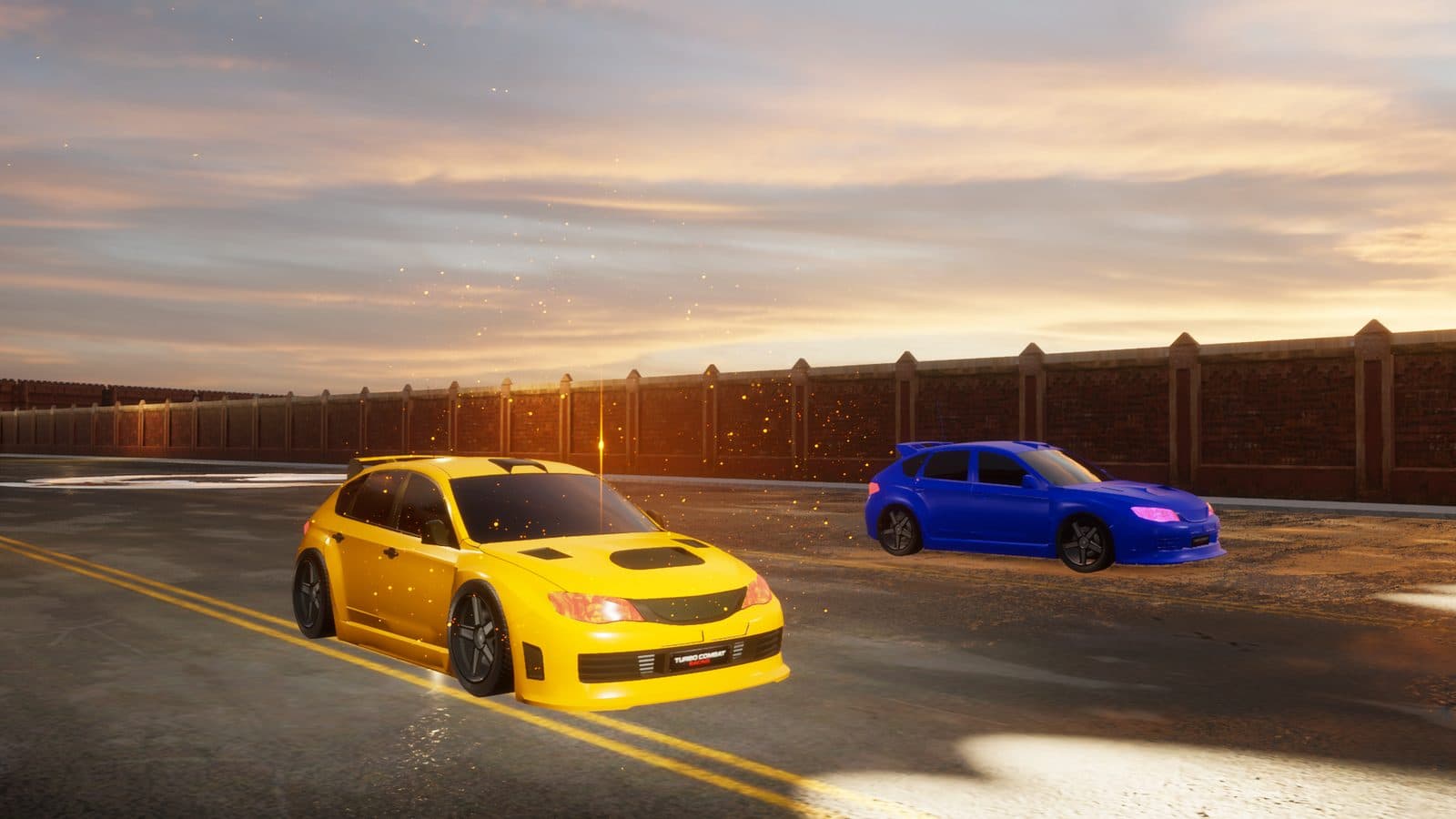 Yellow and blue AI rivals racing side by side at sunset in Project Turbo Combat
