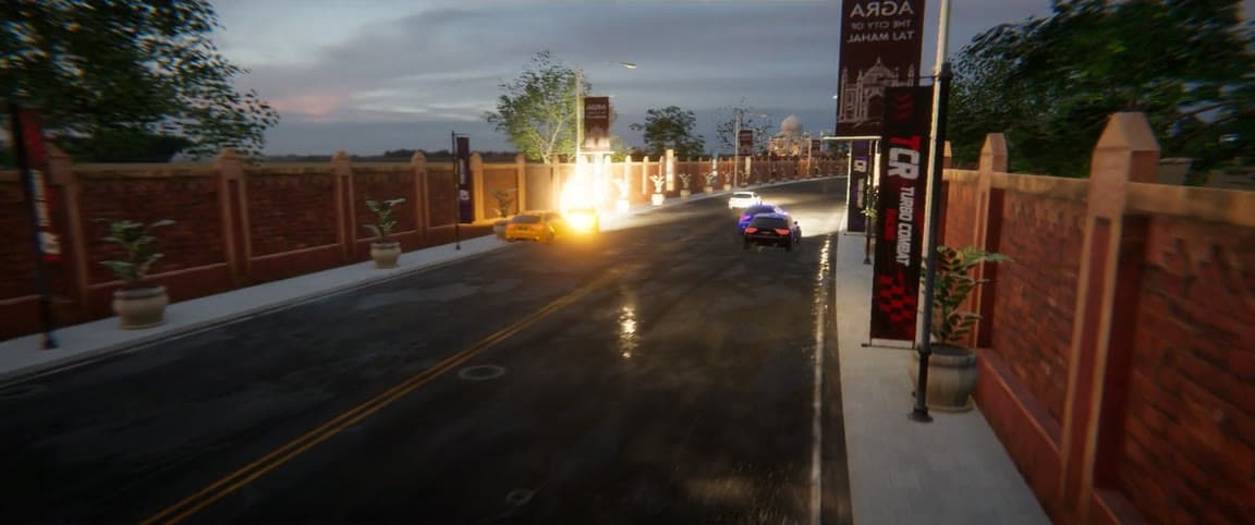 A blast lighting up the road ahead as cars race past the Taj Mahal at dusk